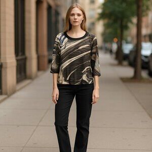 I.N. Studio Black Abstract Lined Tiered Scoop Neck 3/4 Sleeve Blouse Size Large